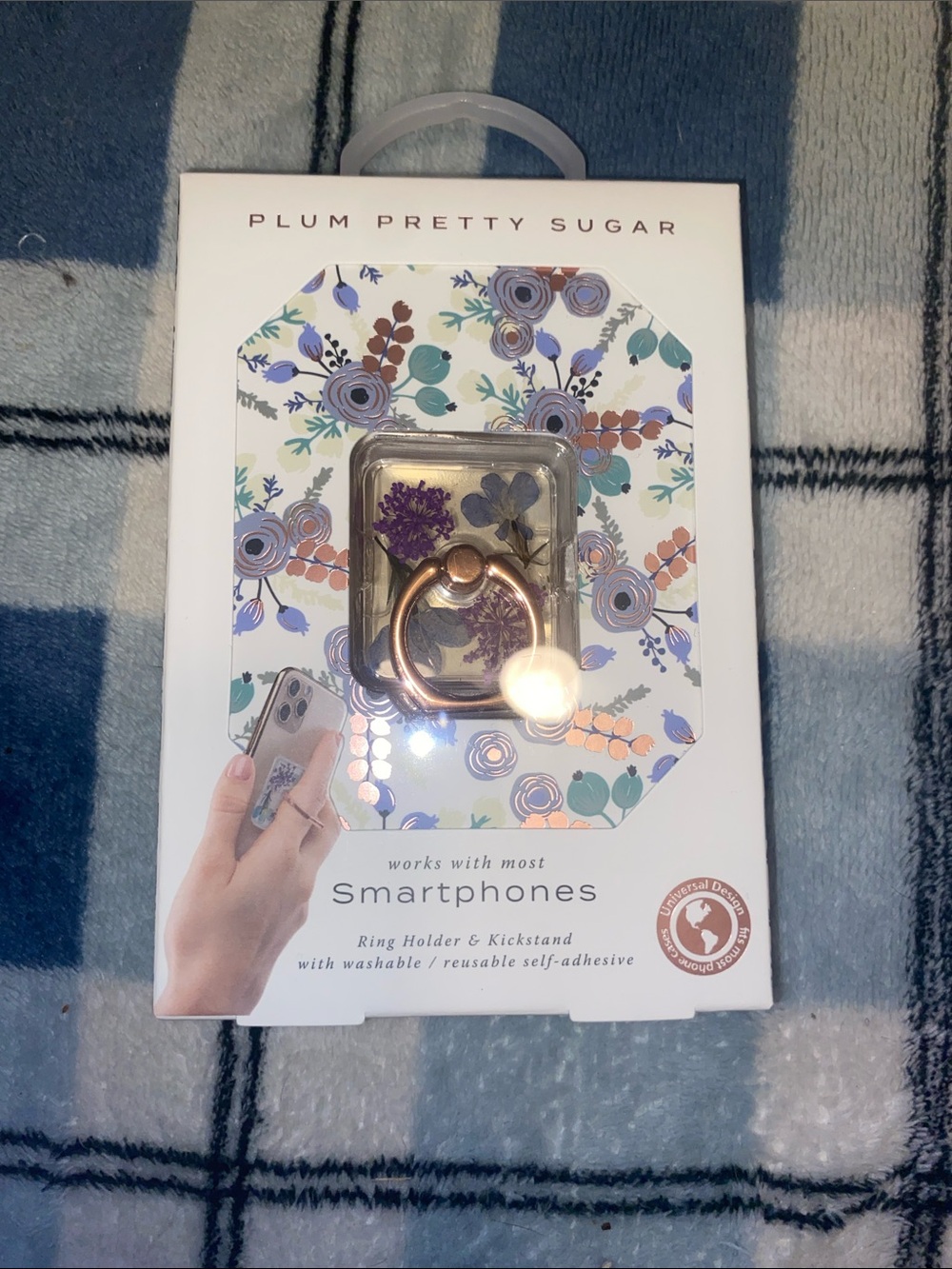 Plum Pretty Sugar Rose Gold Ring Phone Holder with Purple Floral Inlay